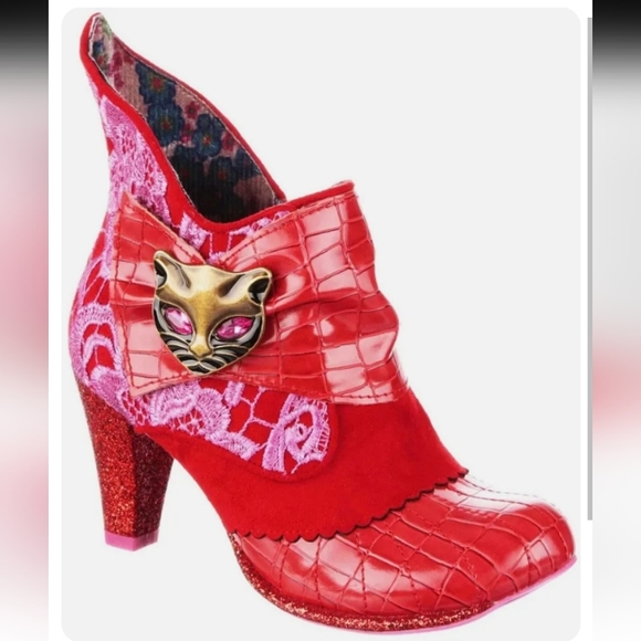 ✨RED & PINK LACE & GLITTER MIAOW IRREGULAR CHOICE ANKLE BOOTS size 43, US 10/11✨ - Picture 2 of 12